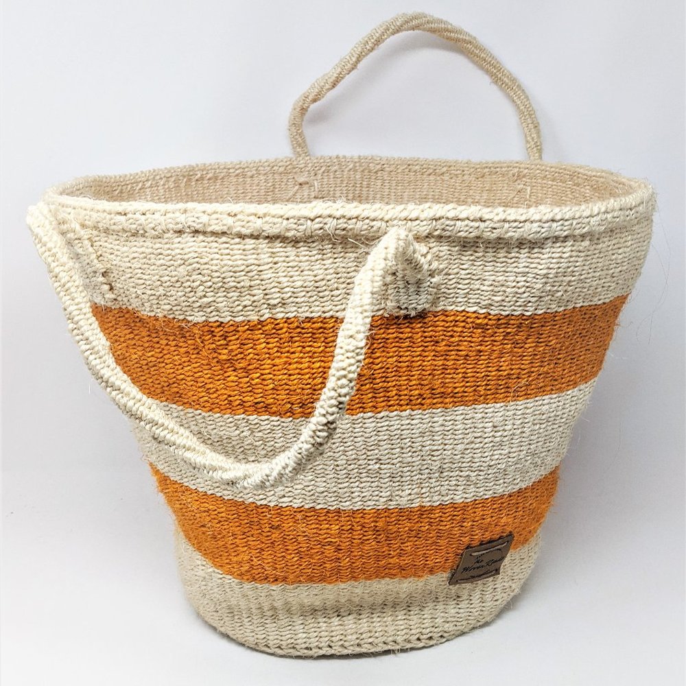 Large natural sisal weaved basket tote bag, orange & natural beige, from Kenya